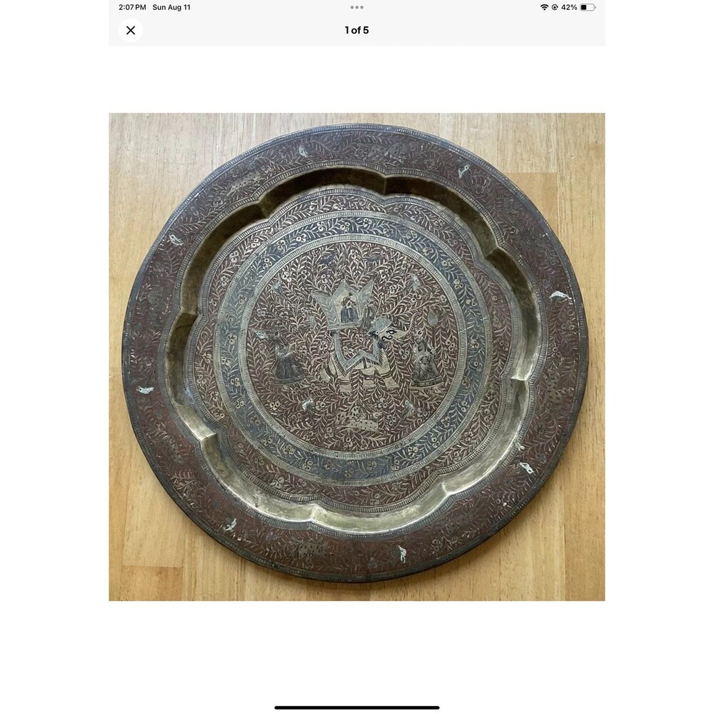 Mid Century Modern Large Round Copper/Brass Inlay Gallery Tray 15.5” Round India